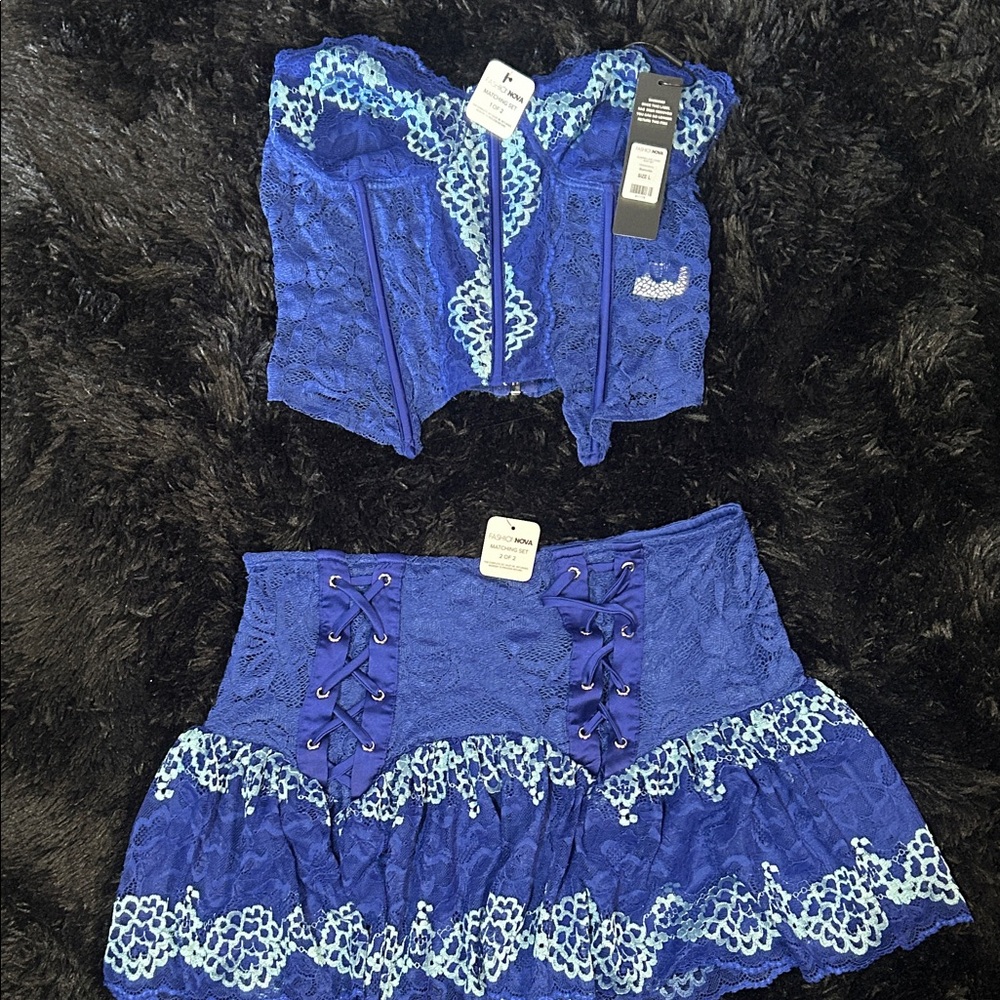 Fashion Nova Royal Blue Lace Mini Skirt Set